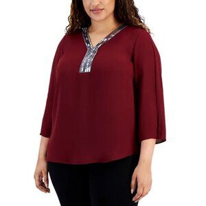 JM Collection Womens Plus Size 1X Sequined-Neck 3/4-Sleeve Top in Dark Rust 1679